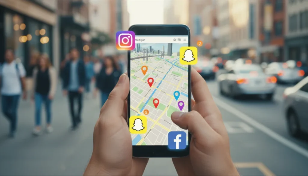 Smartphone displaying social media apps with location pins on a map