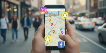 Smartphone displaying social media apps with location pins on a map