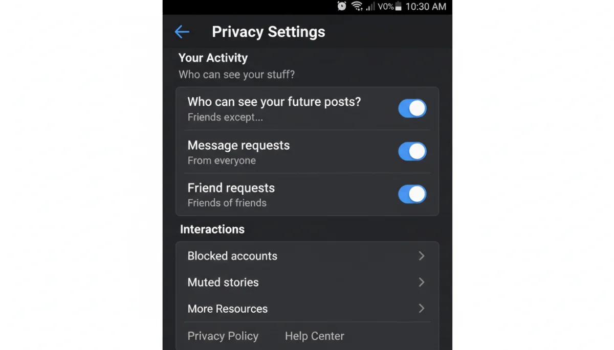 Social media privacy settings menu showing various control options