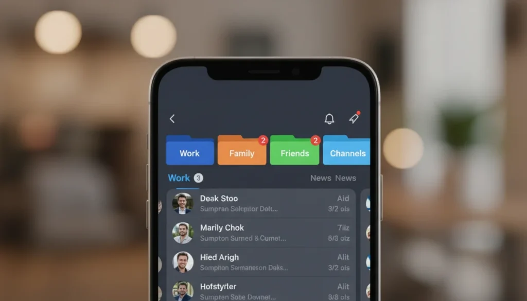 Telegram interface showing organized chat folders and notification settings