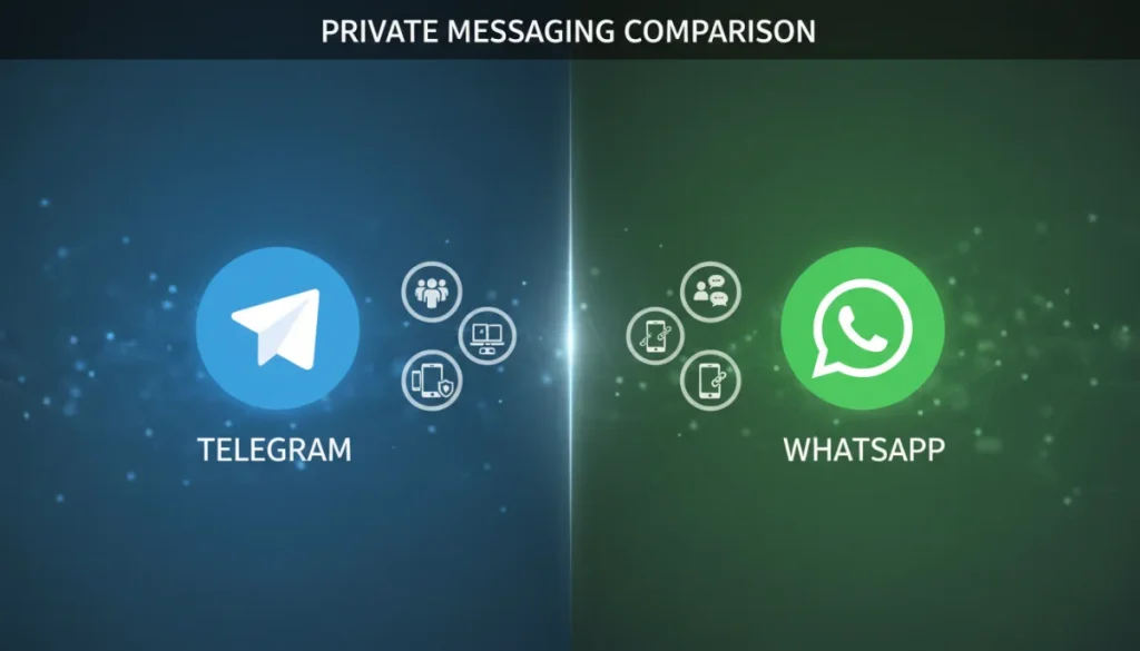 Telegram versus WhatsApp comparison graphic highlighting key differences