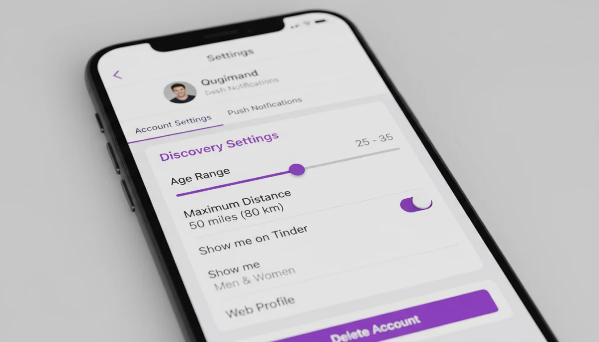 Tinder app discovery settings interface showing age and distance sliders.