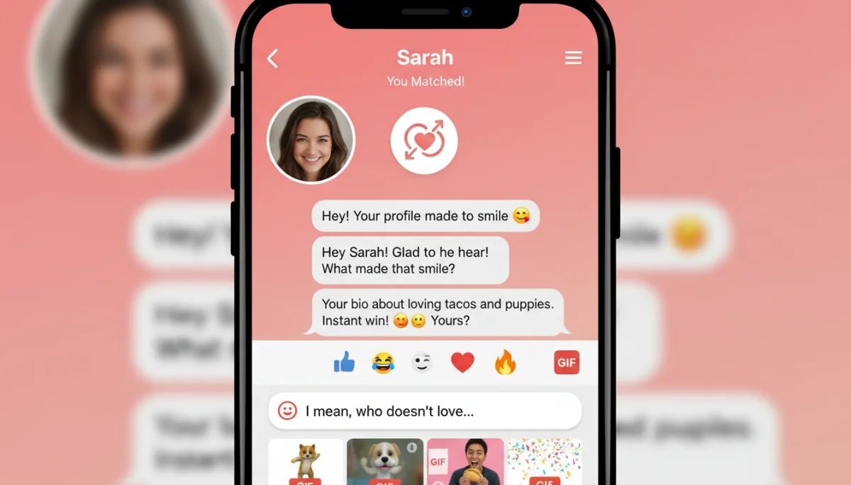 Tinder chat interface with messages and interaction options