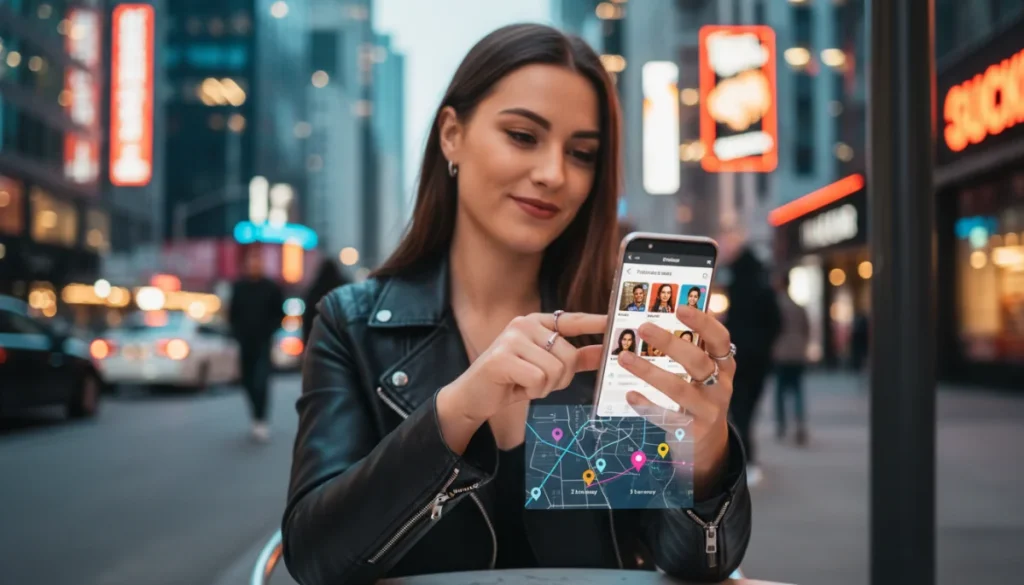 Woman using Tinder app on phone, adjusting discovery settings for optimal matches.