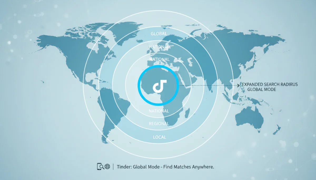 Graphic illustrating Tinder's global mode with expanded search radius.