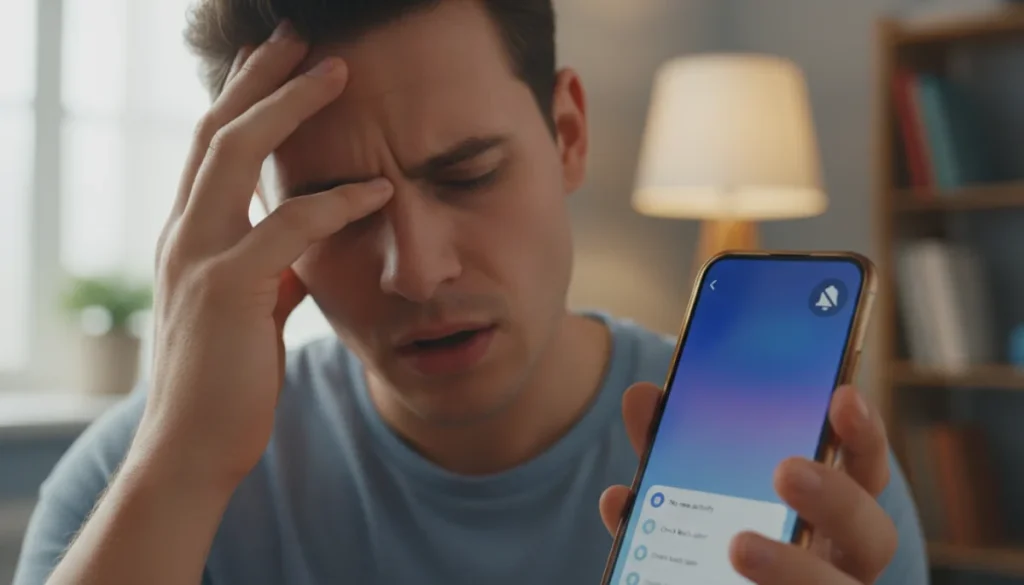 Frustrated user troubleshooting app notification issues on a smartphone