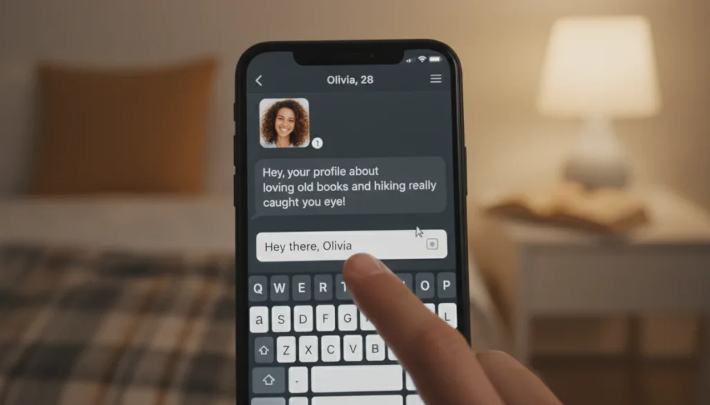 Person typing a first message on a dating app, contemplating words