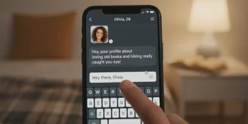 Person typing a first message on a dating app, contemplating words