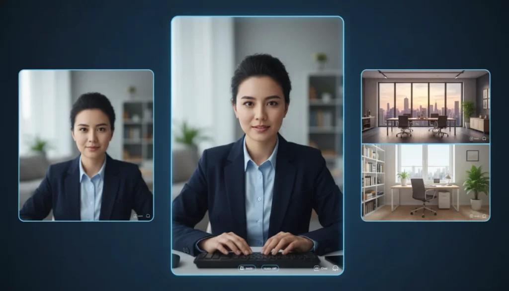 Video call participant with blurred, virtual, and private space background options
