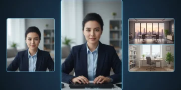 Video call participant with blurred, virtual, and private space background options