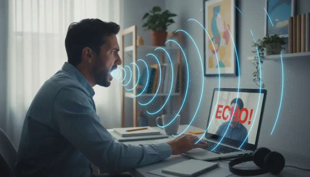 Person on a laptop experiencing video call echo in a home office.
