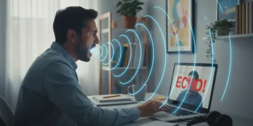 Person on a laptop experiencing video call echo in a home office.