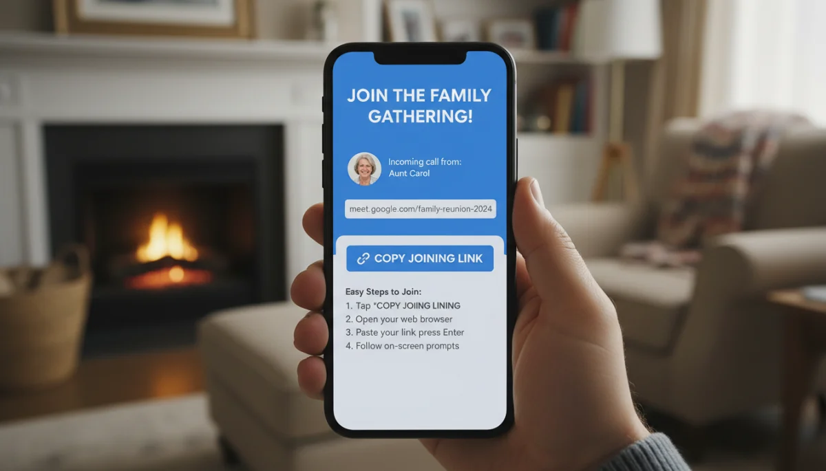 Smartphone showing video call invitation link and joining steps