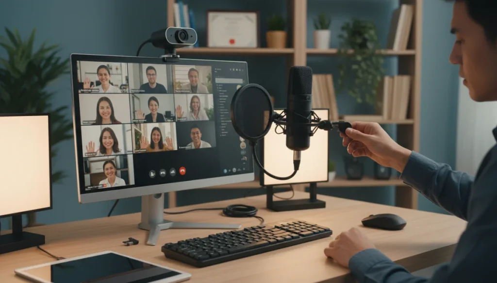 Person setting up webcam and microphone for video call