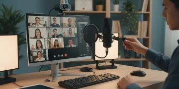 Person setting up webcam and microphone for video call