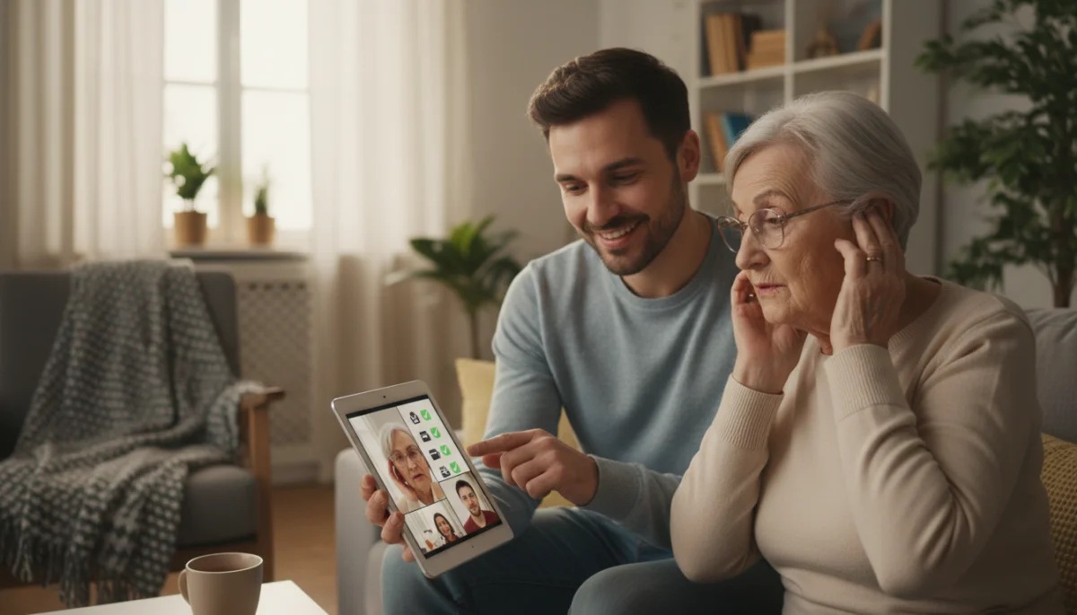 Person assisting elderly family member with video call troubleshooting on tablet