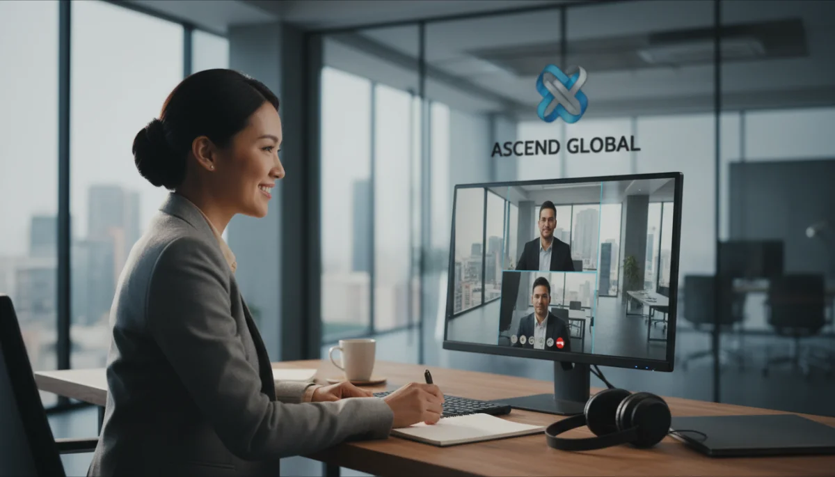 Professional woman using a virtual office background during a video call