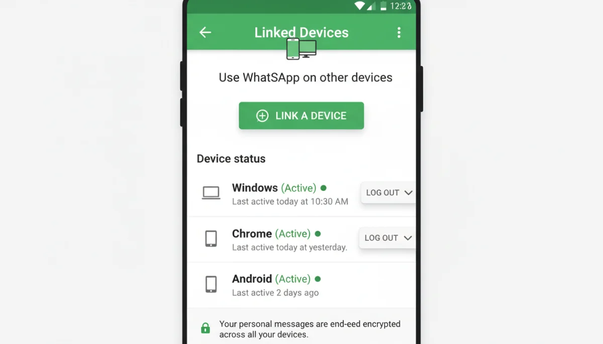 WhatsApp linked devices menu showing active sessions and log out options