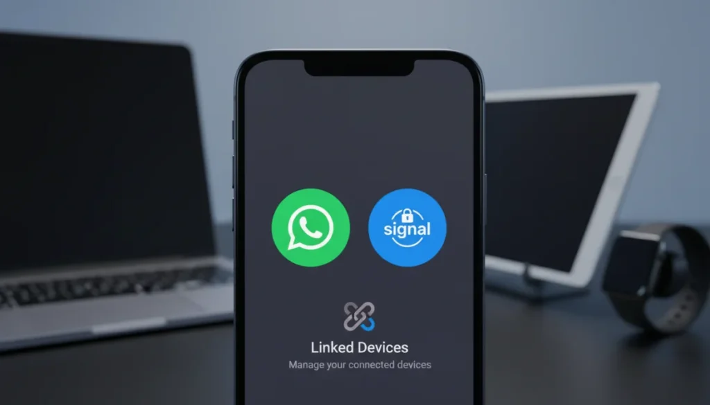 Smartphone displaying WhatsApp and Signal apps, symbolizing linked device management