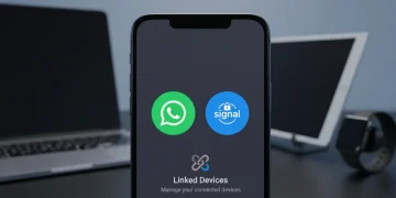 Smartphone displaying WhatsApp and Signal apps, symbolizing linked device management
