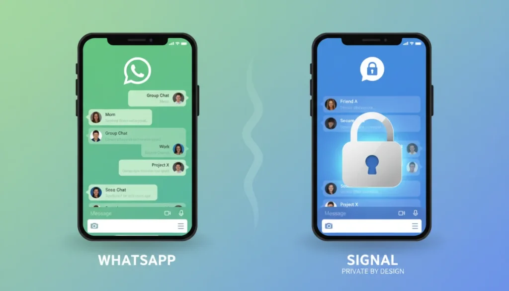 WhatsApp vs Signal app comparison with privacy and security icons