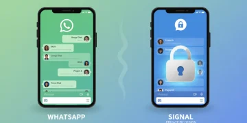 WhatsApp vs Signal app comparison with privacy and security icons