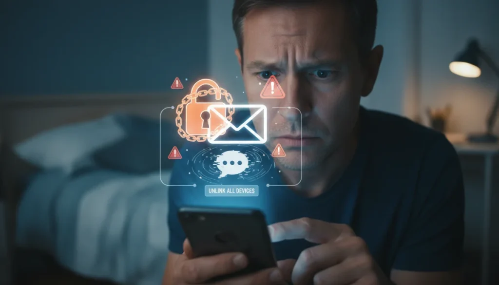 Worried person securing their messaging account on a smartphone