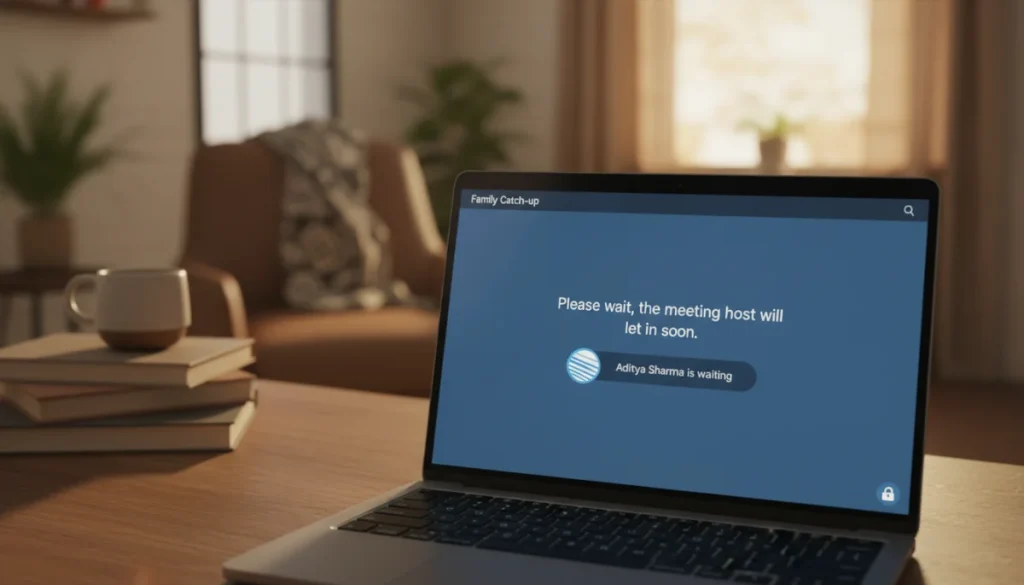 Zoom waiting room notification on laptop screen for personal call security